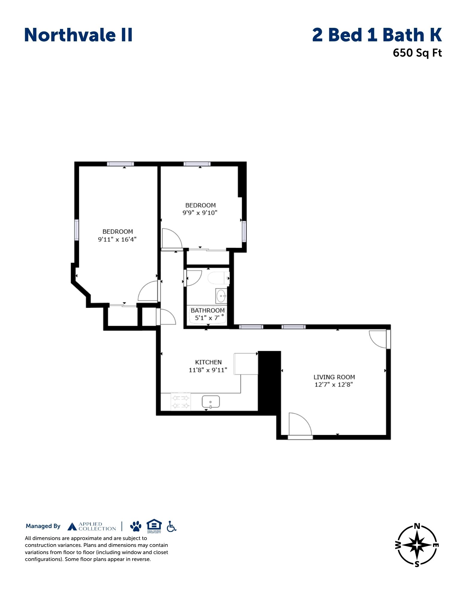 Floor plan for 2 beds, 1 bath, 650 sqft